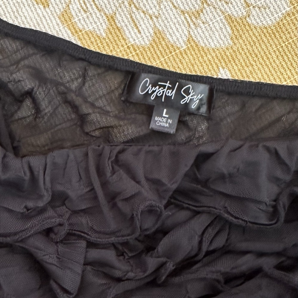 Tiered Ruffled One Shoulder Crop Top Size L Black Textured Side Tie Feminine - Picture 3 of 6